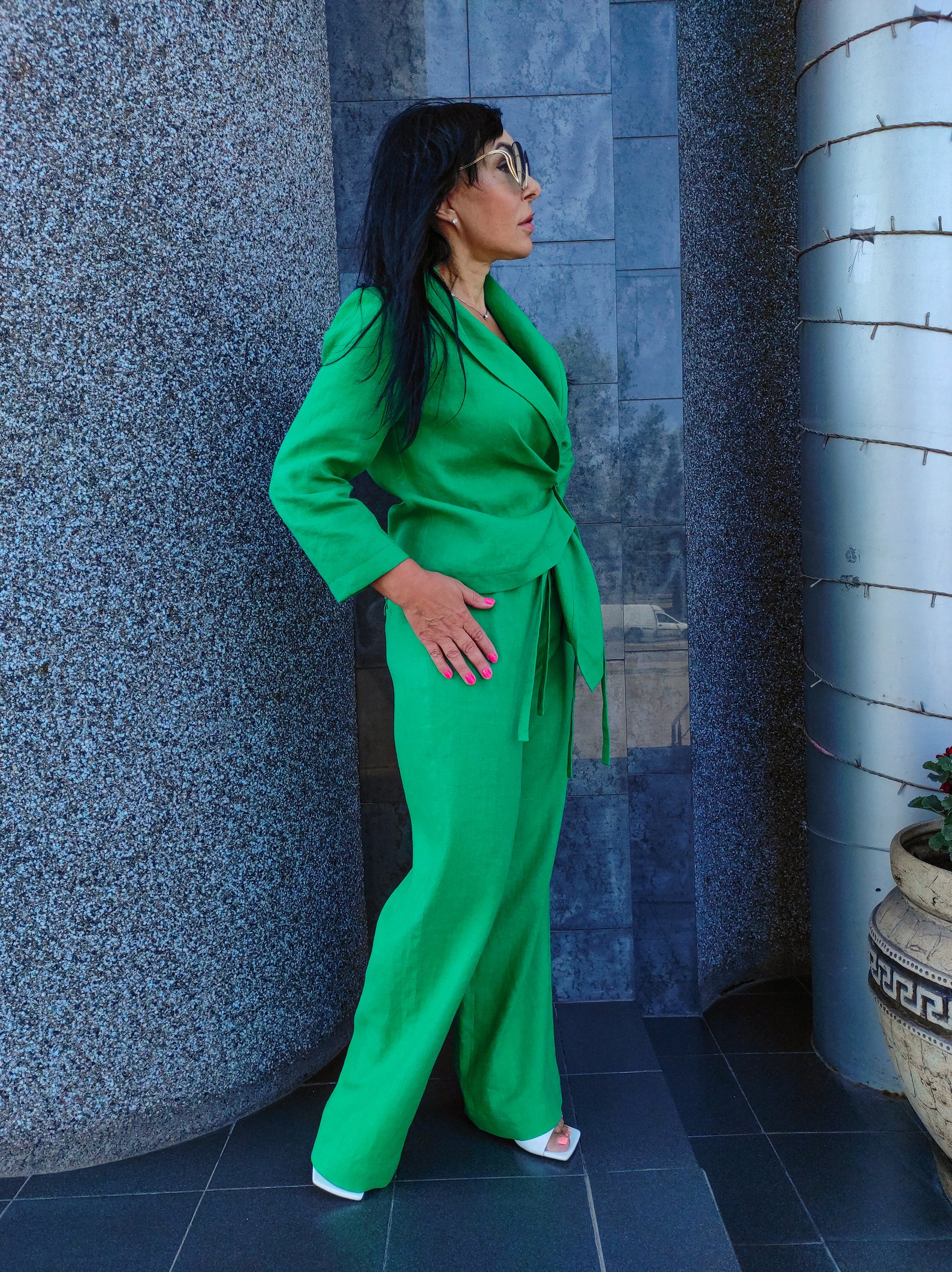 Linen pants suit set women Green linen suit | Etsy