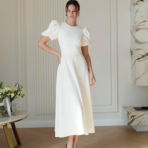 White long dress with puff sleeve and flared skirt Engagement A line midi dress