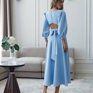 Midi dress with puff sleeve and flared skirt Engagement A line long dress