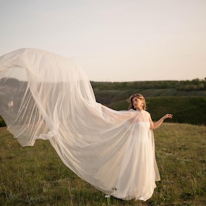 May include: A woman in a white wedding dress stands in a grassy field, holding a flowing sheer veil. The dress is simple, and the veil billows in the wind. The background features a soft, natural landscape under a clear sky.