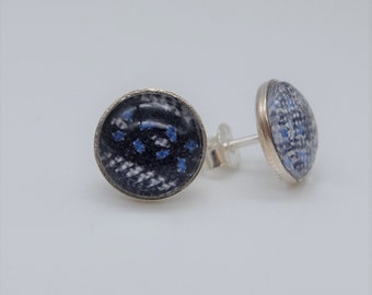Stud earrings, 925 silver, dirndl fabric behind glass, dark blue Fb.No.002, costume earrings