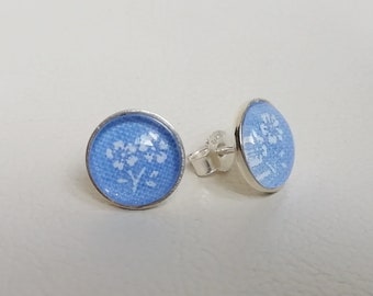 Stud earrings, 925 silver, dirndl fabric behind glass, light blue Fb.No.089, costume earrings