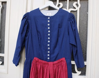 Dirndl mit Schürze, Vintage Dirndl, blau / rot, Größe 42