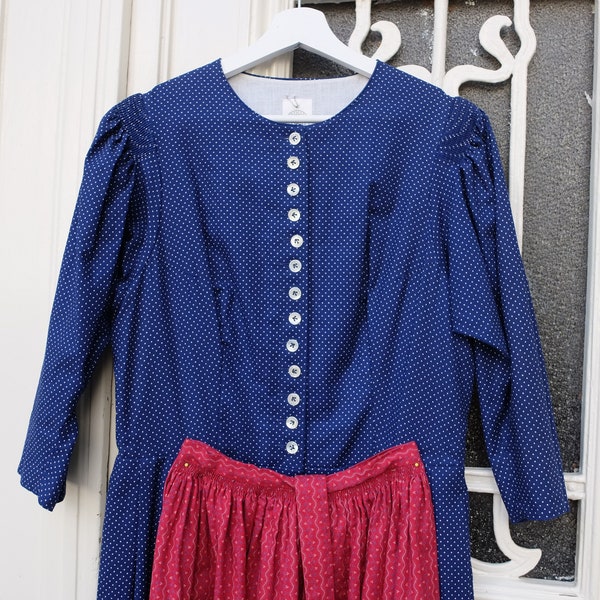 Dirndl mit Schürze, Vintage Dirndl, blau / rot, Größe 42