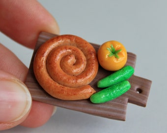 Sausage on a plate, Miniature food from polymer clay, toys, decor for Dollhouse,miniature, doll food, polymer clay