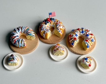 Miniature doll food for Independence Day. Baking, pies for Independence Day. Food for a doll house.