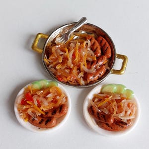 Food for a doll. Fried cabbage with sausages. Miniature food.