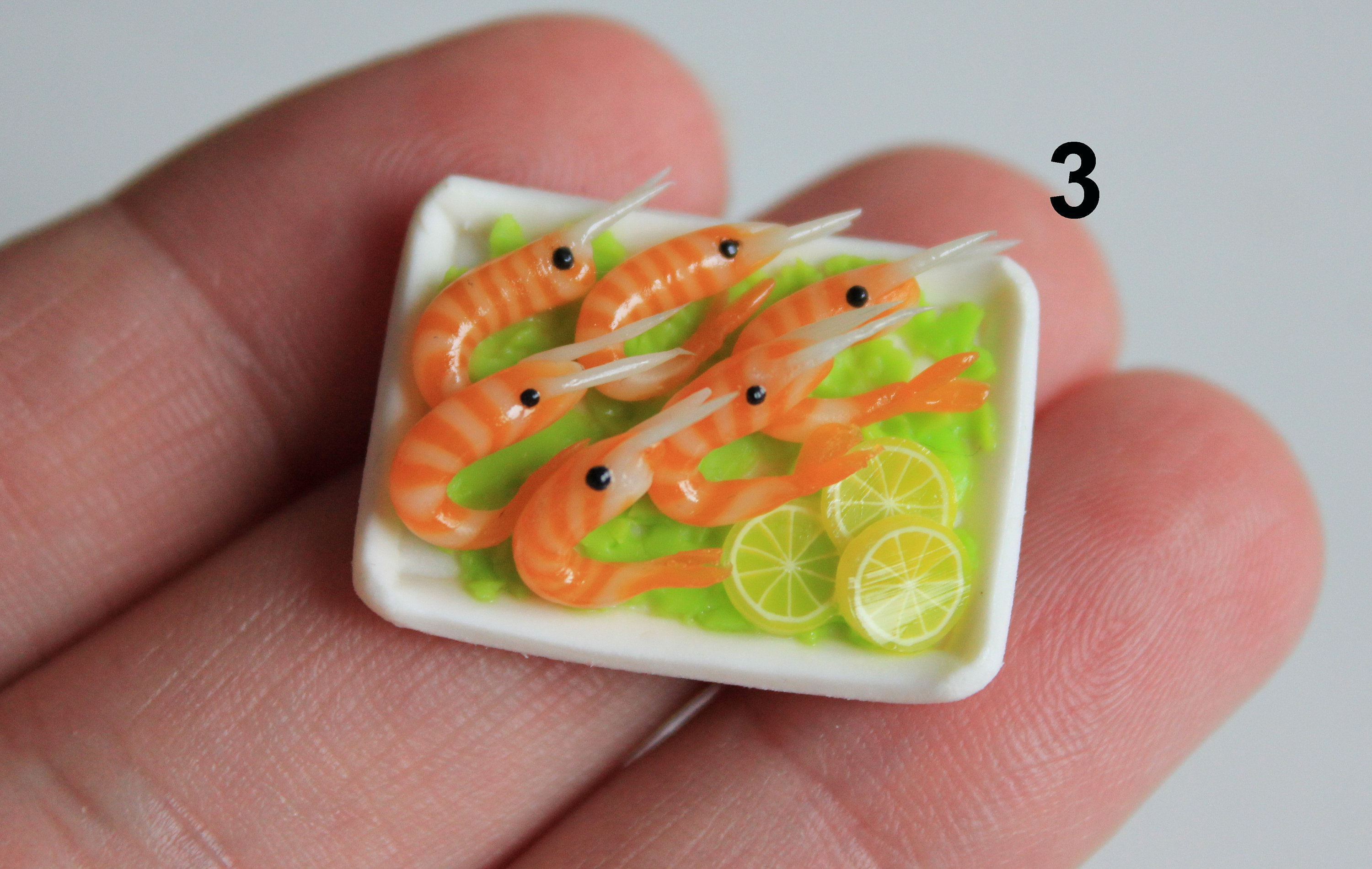 Shrimp for a doll. Food for doll. Miniature shrimp made of polymer clay for  a puppet table. Handmade.