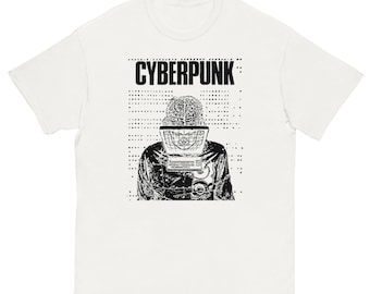 May include: White t-shirt featuring a black and white graphic print of a person with a computer screen over their face. The text "CYBERPUNK" is printed above the graphic.