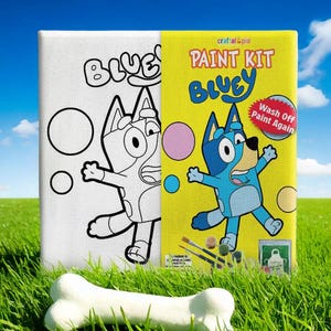 May include: Bluey paint kit with a white canvas featuring a line drawing of Bluey and a yellow canvas with a colored image of Bluey. The kit includes paint, brushes, and a wash-off paint again label.