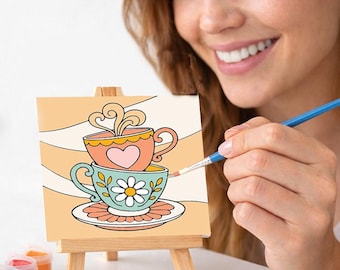 4x4 Tiny Teacup Paint Kit for Adults – Pre-Sketched Canvas Painting Kit, Beginner DIY Art Kit w/ Paints, Brushes & Mini Easel