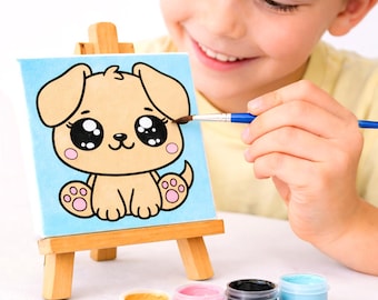 Kawaii Puppy Tiny Painting Kit – DIY Party Favors, Mini Art 4 in x 4 in