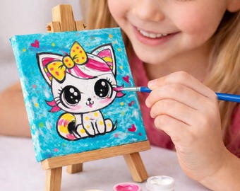 Kids Cat Tiny Painting Kit 4 in. x 4 in. – DIY Party Favor, Art Craft kit