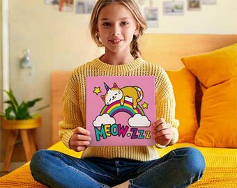 Kitty Unicorn Painting Kit for Kids | Fun Pre-sketched Canvas | Great Birthday Party Activities and Favors | Cat Catching zzz on a Rainbow