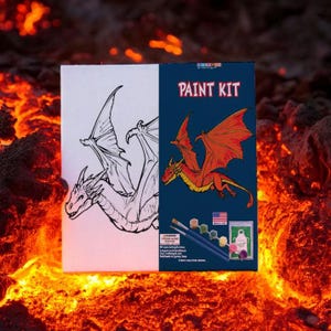 May include: A paint-by-numbers kit featuring a red dragon with black outlines. The kit includes a canvas, paint, brushes, and a paint palette. The canvas shows a black and white outline of the dragon.