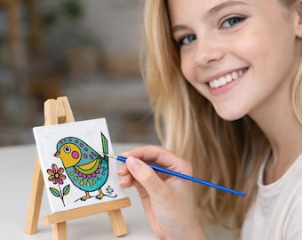 Tiny Folk Bird Art Kit – 4x4 Mini Panel Painting Kit, Cute DIY Paint Kit, Aesthetic Craft Gift for Teens and adults