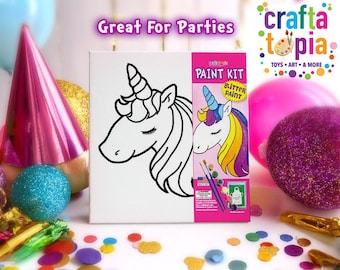 10x10 inch Unicorn Pre-Sketched Canvas Painting Kit for Kids |  Personalize Your Name | Girls Birthday Party Activity -BONUS: Unicorn Pencil