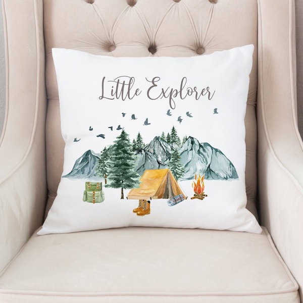 Camping pillow, Little explorer nursery, Camping baby gift, Pine Tree and Mountains, Adventure Nursery, Outdoors nursery - Little Explorer