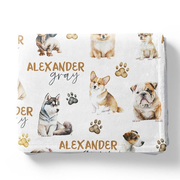 Personalized baby boy name blanket, puppy dog baby blanket, Dog nursery bedding, Dog theme baby room, Custom name baby boy blanket - FrF