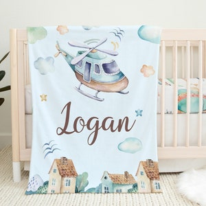 Helicopter Blanket, Airplane Nursery Bedding, Helicopter Baby Gift, Personalized Blanket Baby, Custom Blankets Baby Boy - Up In The Sky