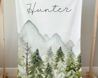 Custom Forest Baby Blanket, Pine Trees Mountains Minky Blanket, Forest Blanket, Wilderness Nursery, Woodland Bedding, Nature Baby Gift- Wig