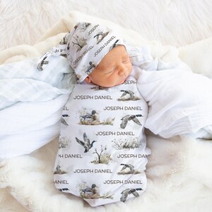 Mallard Ducks swaddle set, Duck hunting baby name blanket, Newborn coming home hospital swaddle and hat set, Hunting baby boy gifts - Hunter