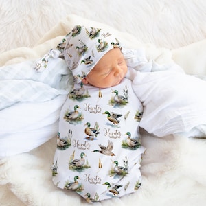 Mallard duck Swaddle Set, Newborn hospital swaddle set boy, Duck swaddle blanket with hat, Duck hunting baby blanket, Duck name swaddle set