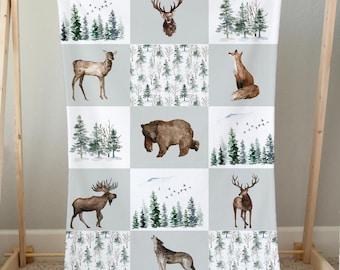 Forest Animals Blanket, Pine Tree Blanket, Woodland Crib Bedding, Wildlife Nursery Bedding, Wolf Bear Deer Blanket, Woodland Blanket - EnF