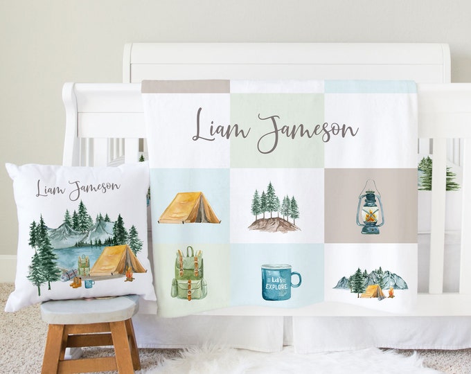 Camping Nursery Bedding Set, Crib Sheet Blanket Pillow, Camper Bedding