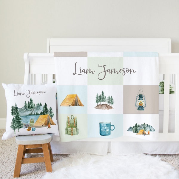 Camping nursery bedding set, Crib sheet blanket pillow, Camper bedding set, Baby bedding boy, Adventure crib bedding - Little Explorer