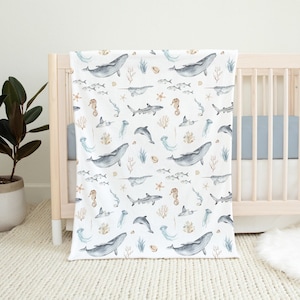Sea Animals Baby Blanket, Under The Sea Nursery Bedding, Ocean blanket, Whale blanket, Ocean baby gift - Deep Ocean