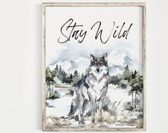 Wolf Nursery arte, Stay Wild, Woodland nursery décor, Wall Prints for Boys Room, Pine Trees Nursery Print, Wolf Print, DESCARGA DIGITAL - WiN