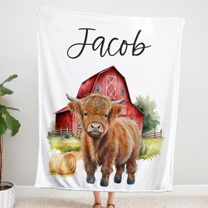 Couverture de nom de bébé vache Highland Boys, couverture avec prénom de ferme, cadeau de bébé ferme, pépinière de basse-cour, pépinière de vache des Highlands, literie pour berceau de vache