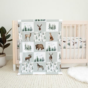 Forest Animals Blanket, Pine Tree Blanket, Woodland Crib Bedding, Wilderness Baby Bedding, Wildlife Boy Nursery Bedding - EnF