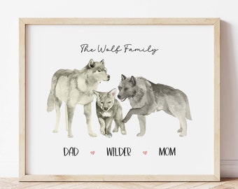 Personalized Wolf Family Art, Custom Family Print, New Family Portrait, Personalized Family Gifts, Parents and Kids Name Wall art Unframed