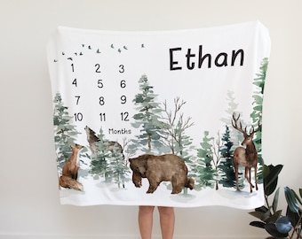 Woodland Animals Milestone Blanket, Personalized milestone baby blanket, Milestone Photo Prop, Growth Tracker, Forest Monthly Blanket - Enf