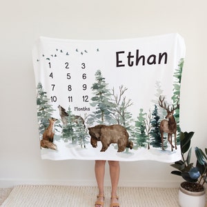 Woodland Animals Milestone Blanket, Personalized milestone baby blanket, Milestone Photo Prop, Growth Tracker, Forest Monthly Blanket - Enf