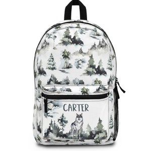 Sac à dos loup personnalisé, cartable pour garçons, sac à dos avec nom, cadeau de rentrée des classes, sac à dos forêt, sac à dos Woodland - loup de la forêt