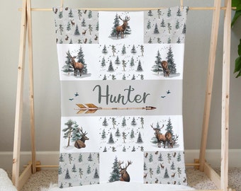 Personalized deer blanket, Woodland baby blanket, Custom baby boy blanket, Newborn baby gift, Forest blanket, Pine trees blanket