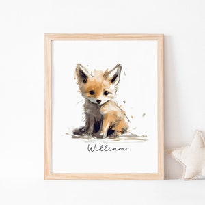 Personalized baby boy name wall art, Kids Name Wall Decor Unframed, Fox nursery decor, Woodland nursery art, Fox personalized baby name