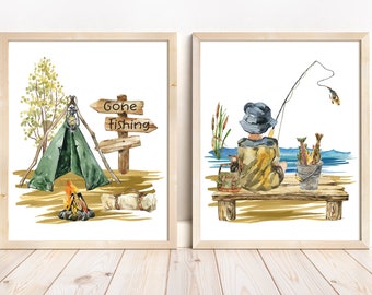 Fishing nursery Wall Art, Fishing Poster, Wall Prints for Boys Room, Gone Fishing Nursery, Fishing Nursery Prints Set of 2, Camping art  SwF