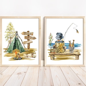 Fishing nursery Wall Art, Fishing Poster, Wall Prints for Boys Room, Gone Fishing Nursery, Fishing Nursery Prints Set of 2, Camping art  SwF