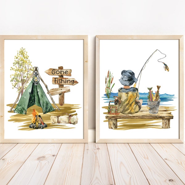 Fishing nursery Wall Art, Fishing Poster, Wall Prints for Boys Room, Gone Fishing Nursery, Fishing Nursery Prints Set of 2, Camping art  SwF