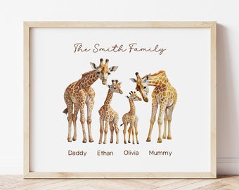 Giraffe Family Wall Art, Custom Family Print, New Family Portrait, Personalized Family Gifts, Parents and Kids Name Wall Decor Unframed