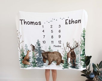 Twins Milestone Blanket Boys, Woodland Baby Monthly Growth, Forest animals Milestone, Baby Age Blanket, Twins Newborn Gift - Enf