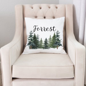 Woodland Pillow, Personalized Woodland baby gift, Pine Tree Pillow, Forest Nursery Decor, Nature bedding, Custom baby pillow - ThF