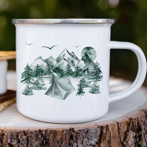 Mountains and trees Enamel Camping Mug, Outdoor Coffee cup, Watercolor Forest Mug, Nature trees mug, Camp mug, Hiker camp mug. Wildlife mug 画像 1