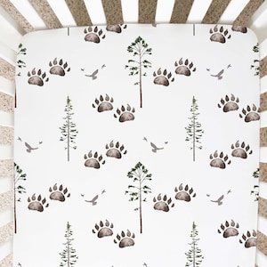 Woodland Crib Sheet, Bear Tracks And Pine Trees Crib Sheet, Baby Boy Nursery Bedding, Wilderness Nursery, Forest Baby Nursery - Fom