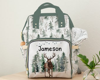 Personalized Deer diaper bag, Forest backpack, Woodland diaper bag, Deer baby gift, Custom baby backpack, Pine trees Multiuse backpack - EnF