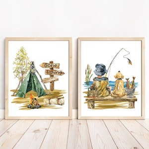 Fishing Wall Art, Fishing nursery decor, Wall Prints for Boys Room, Gone Fishing Nursery, Fishing Nursery Prints Set of 2, Camping art - SwF